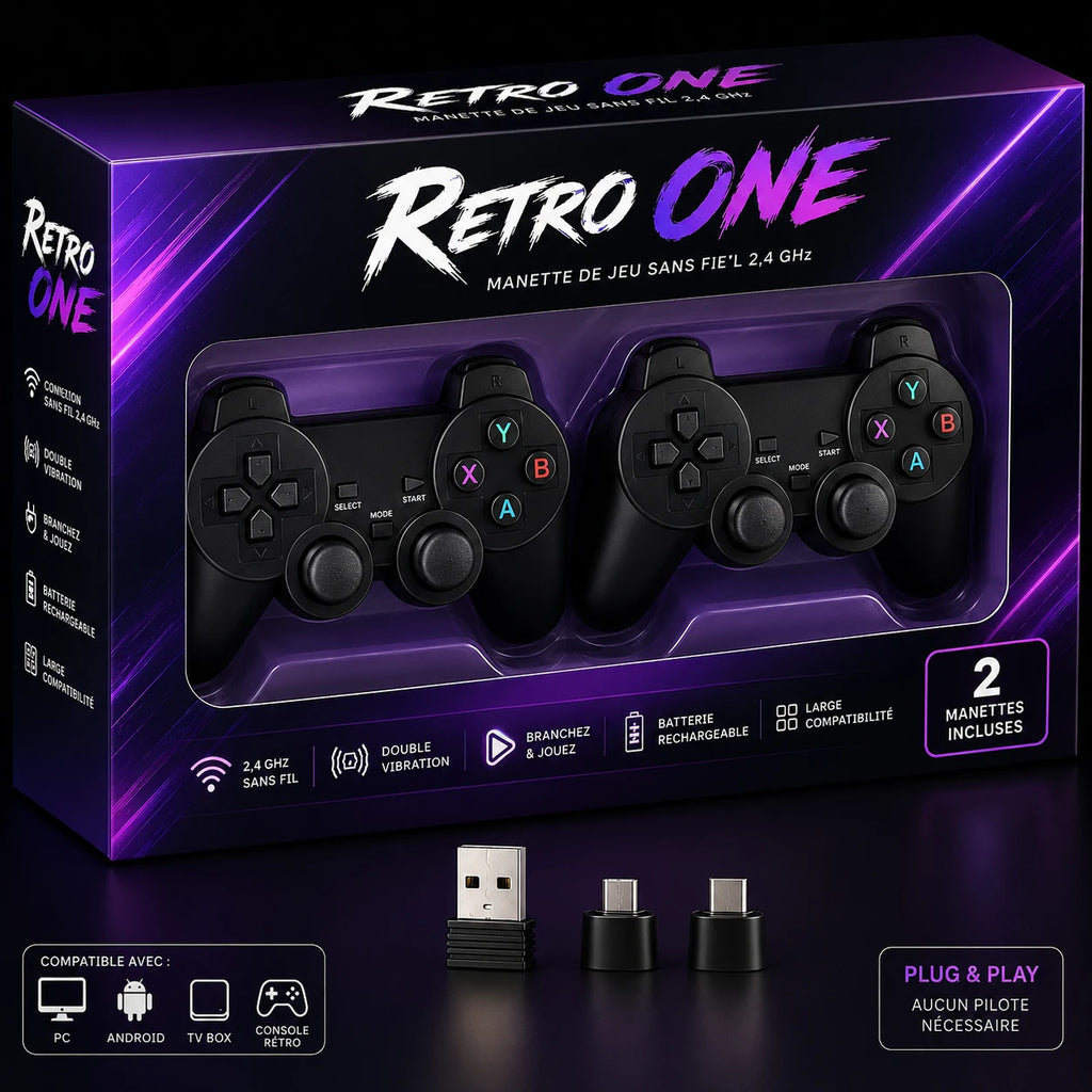 Pack 2 manettes sans fil 2,4 GHz Retro One pour console de salon S, avec récepteur USB et adaptateurs USB-C