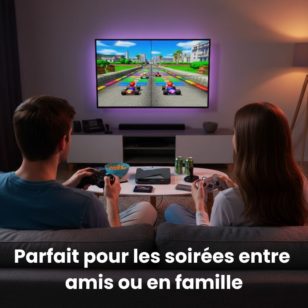 Console retrogaming salon Retro One™ S — branchée sur téléviseur 4K