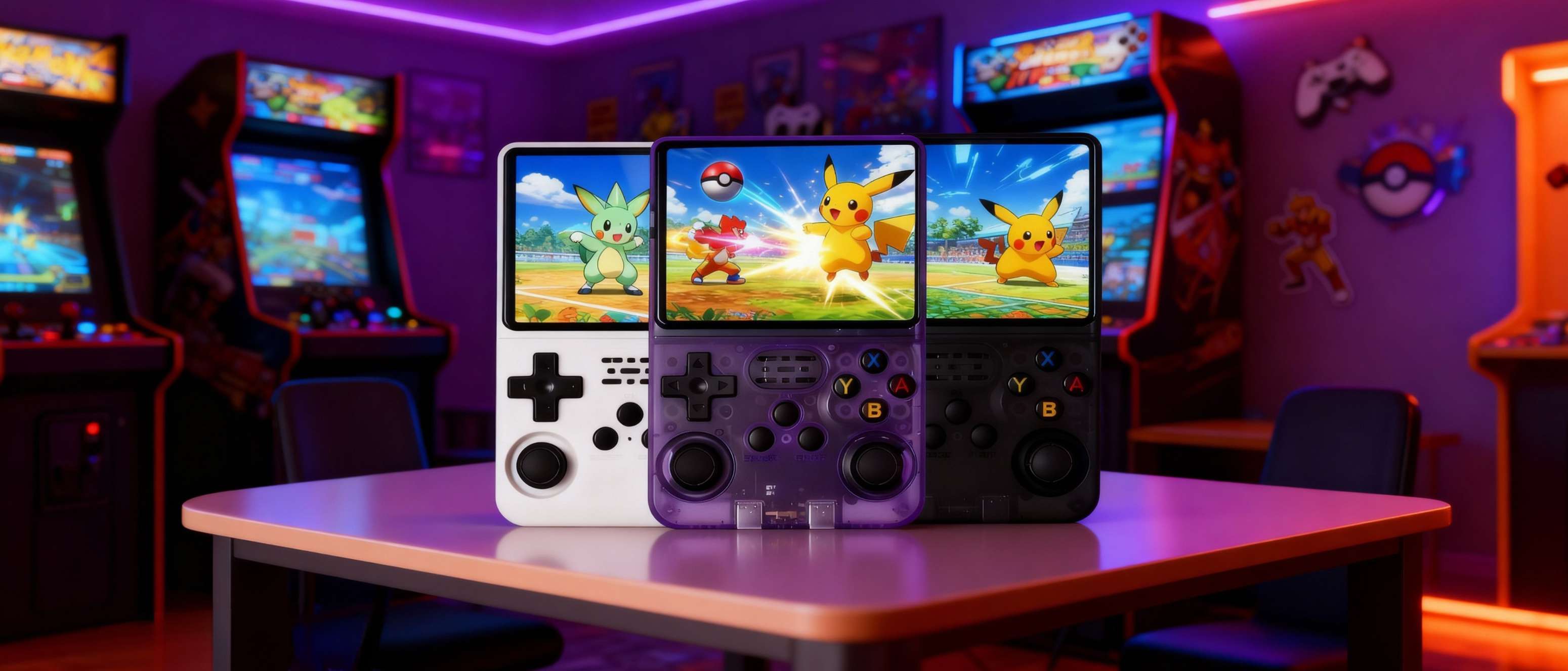 Consoles rétro portables Arcadia affichant des jeux Pokémon dans une salle d’arcade, illustrant la popularité du rétro gaming et la nostalgie des jeux vidéo classiques