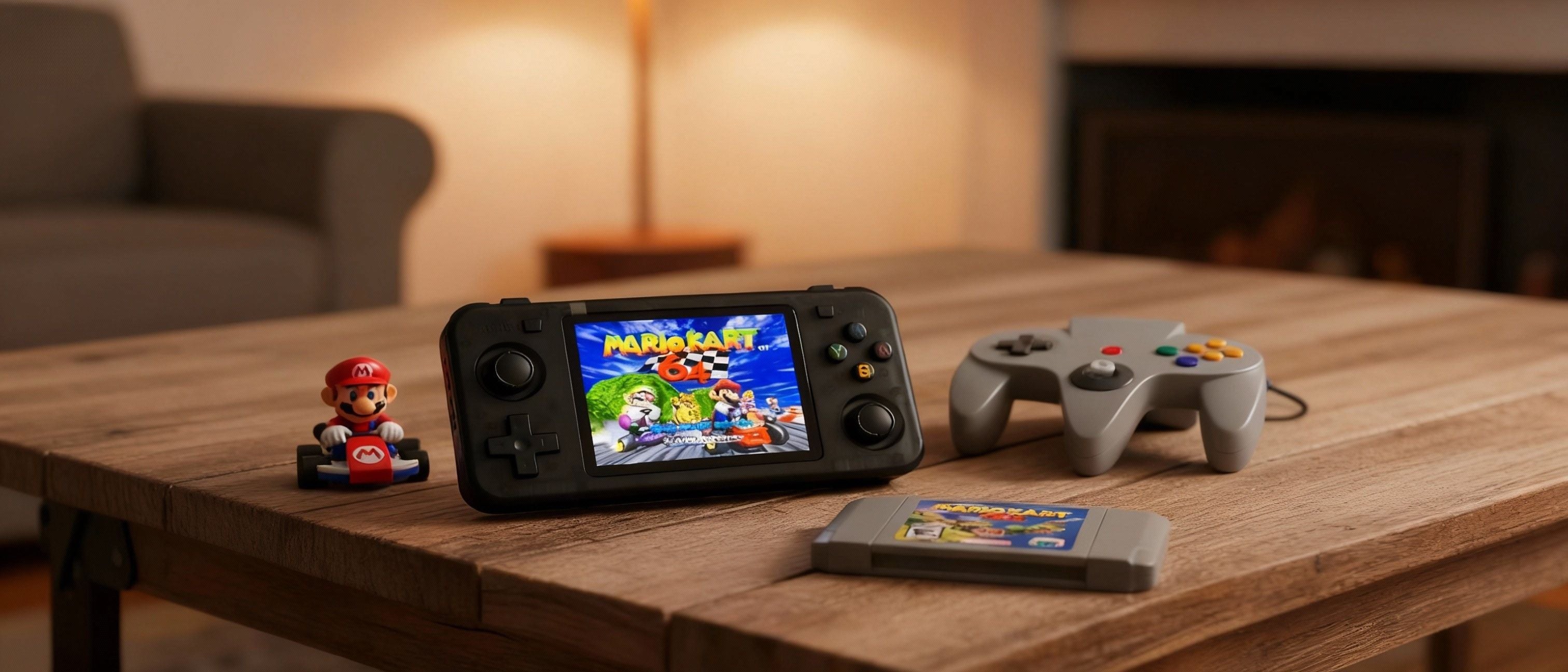 Console rétro Arcadia affichant Mario Kart 64 avec manette et cartouche sur une table, illustrant l’évolution des consoles de jeux vidéo de leurs débuts à la renaissance du rétro gaming