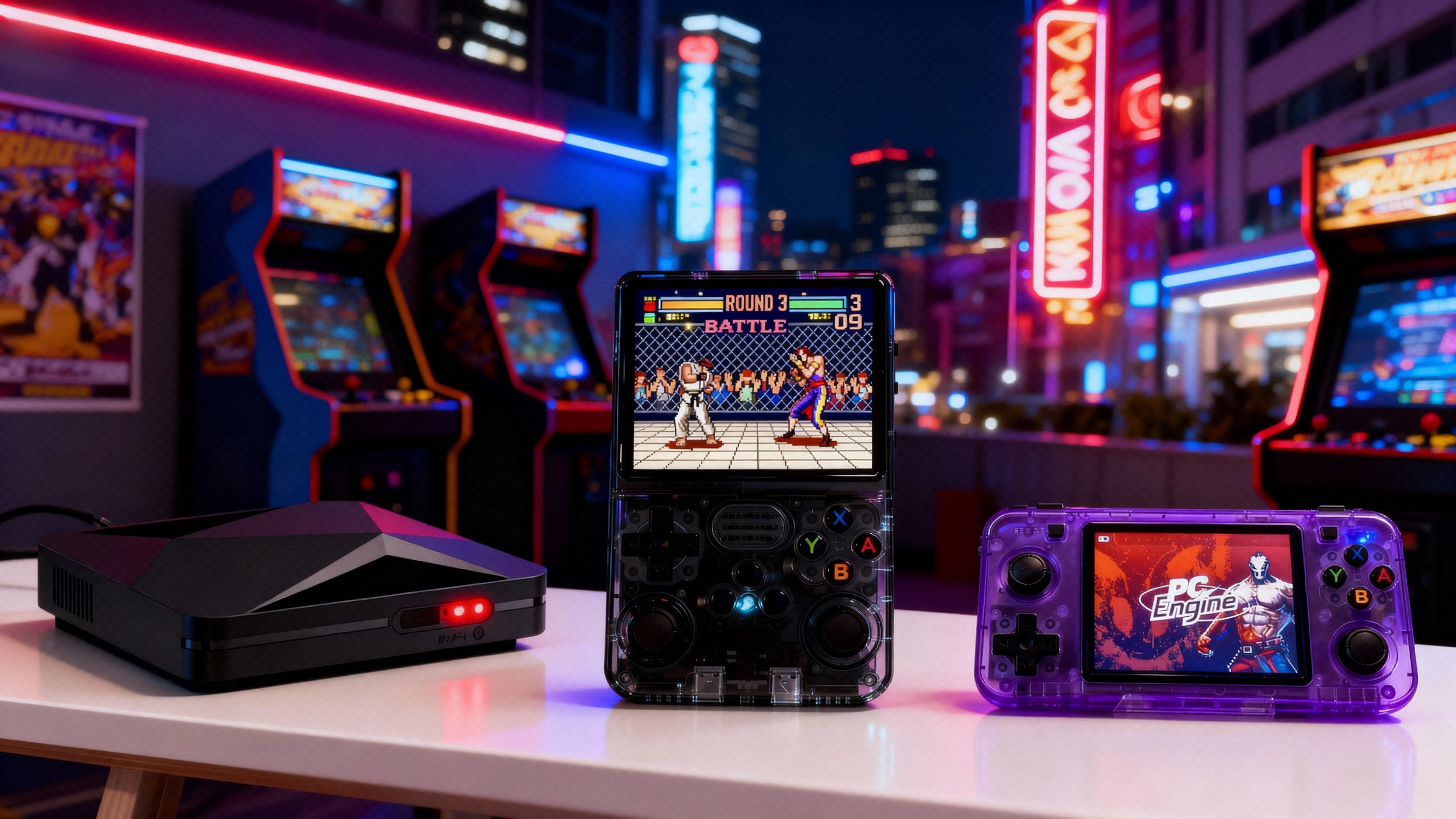 Consoles rétro Arcadia exposées sur une table avec des bornes d’arcade en arrière-plan, illustrant les modèles incontournables du rétro gaming moderne qui séduisent les passionnés