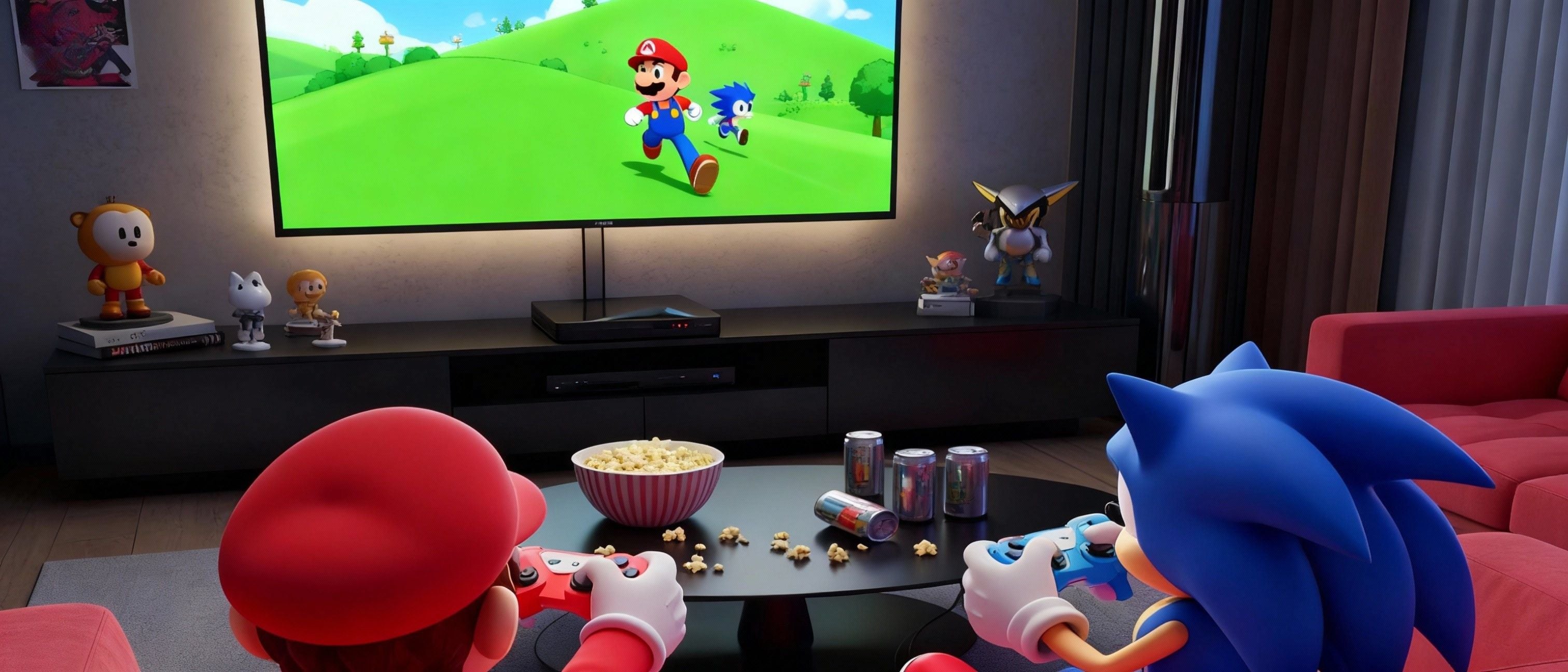 Mario et Sonic jouant sur une console rétro devant une télévision, illustrant la nostalgie et le plaisir simple qui expliquent le retour en force des consoles rétro