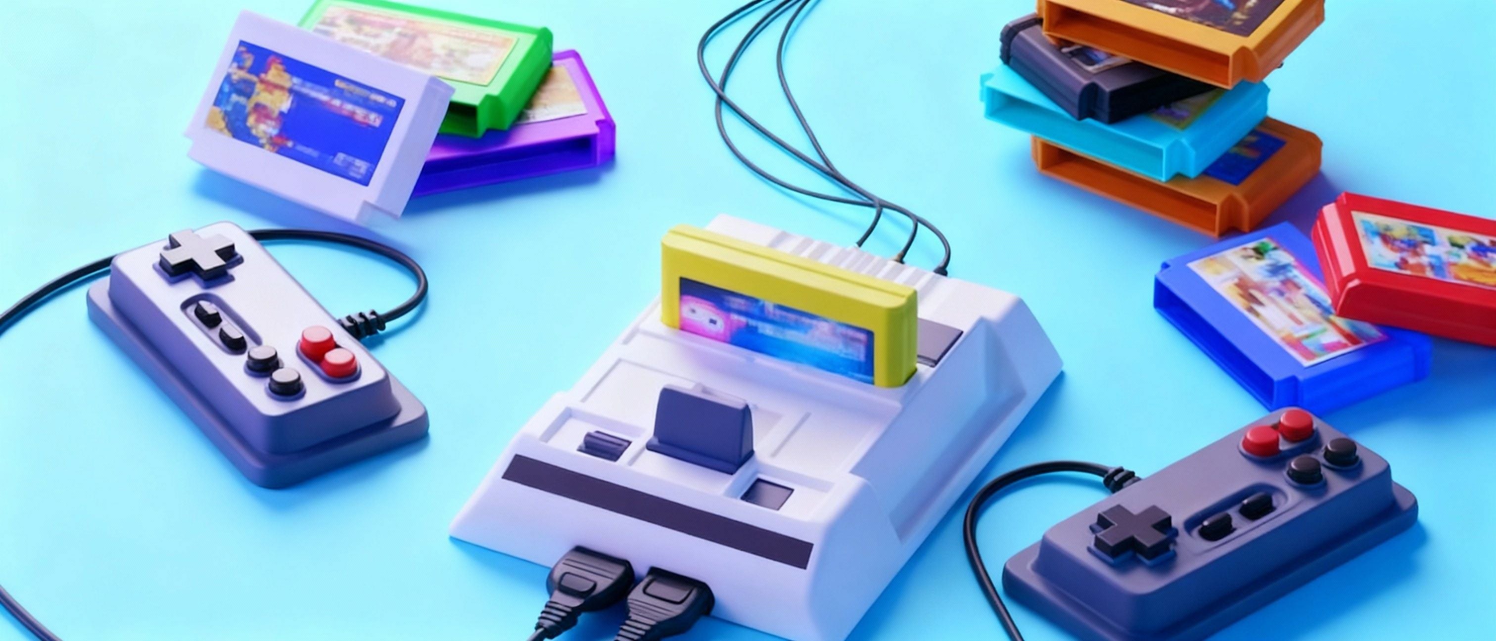 Anciennes consoles et cartouches de jeux rétro disposées sur une table, illustrant la passion du rétro gaming entre nostalgie, collection et innovation