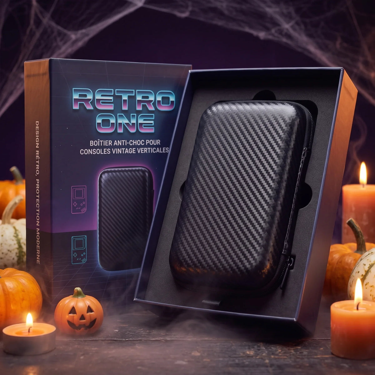 Boîtier anti-choc Retro One™ pour console rétro portable verticale, dans son coffret, décor d'Halloween avec citrouilles et bougies