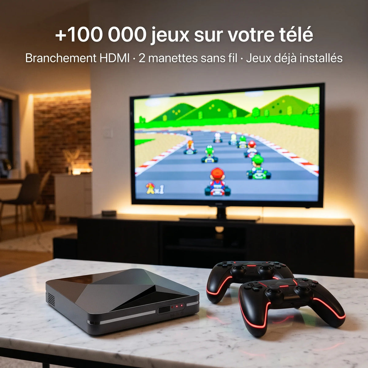 +100 000 jeux sur votre télé – branchement HDMI, 2 manettes sans fil, jeux déjà installés. Console de salon rétro Retro One™ et ses 2 manettes devant la télé.