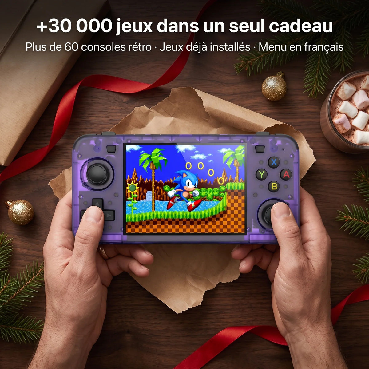 +30 000 jeux dans un seul cadeau – plus de 60 consoles rétro, jeux déjà installés, menu en français. Console rétro portable Retro One™ H violette sortie de son papier cadeau, Sonic à l'écran.