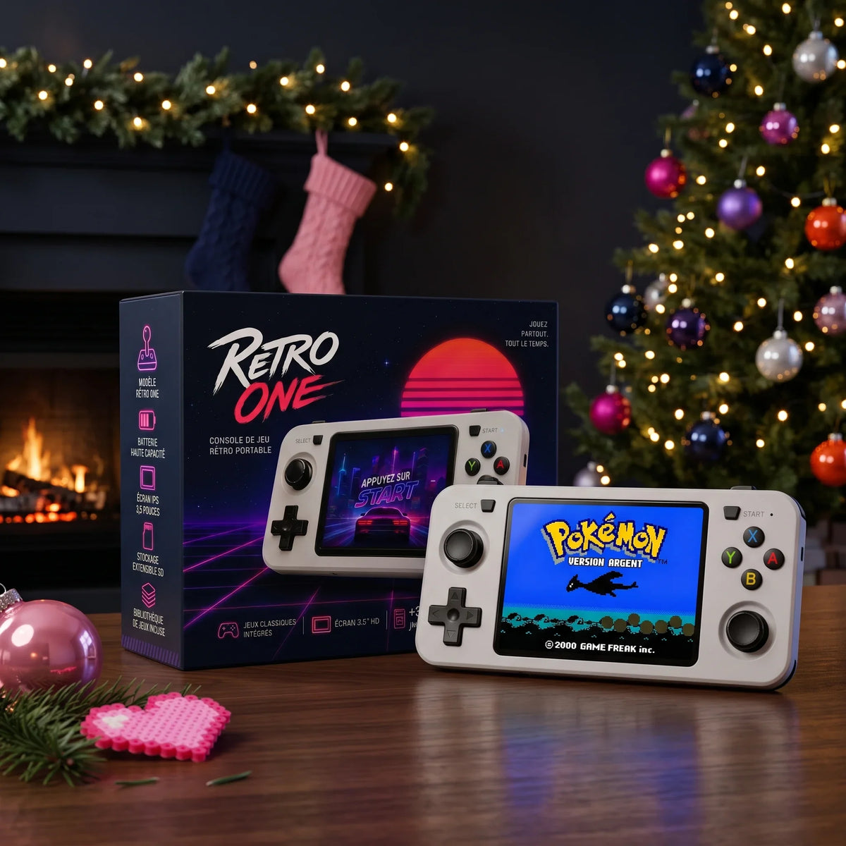 Console rétro portable Retro One™ H blanche et son coffret devant la cheminée, décor de Noël