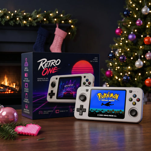 Console rétro portable Retro One™ H blanche et son coffret devant la cheminée, décor de Noël